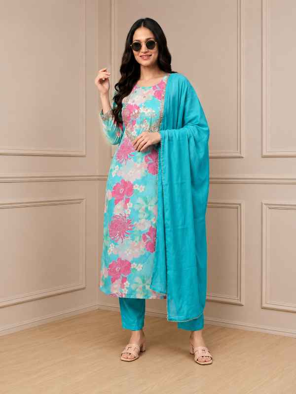 Women's Cotton Blend Embroidered Floral Printed Straight Kurta 